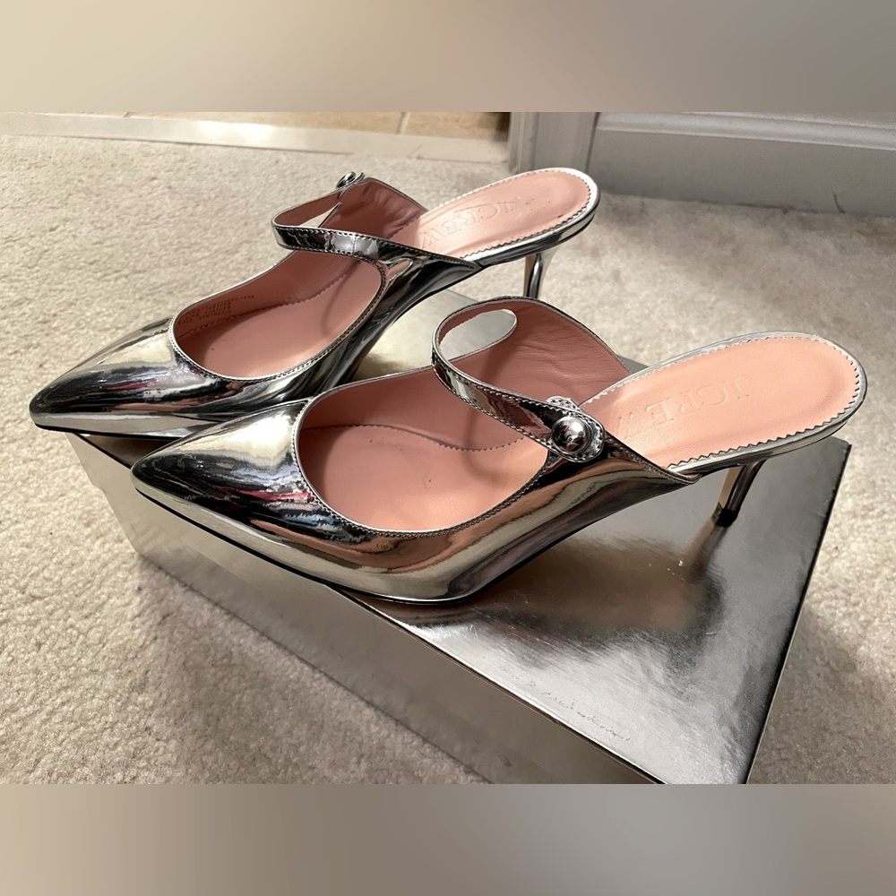 Beautiful silver metallic strap mule. JCrew. Worn once. Size 8. 2 inch heel